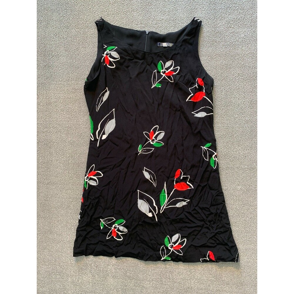 Harold's Womens Black Floral Dress M Medium zip back Sleeveless